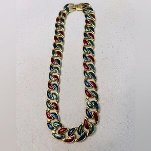 Vintage Red Green Blue Enamel Gold Tone Chunky Chain Necklace